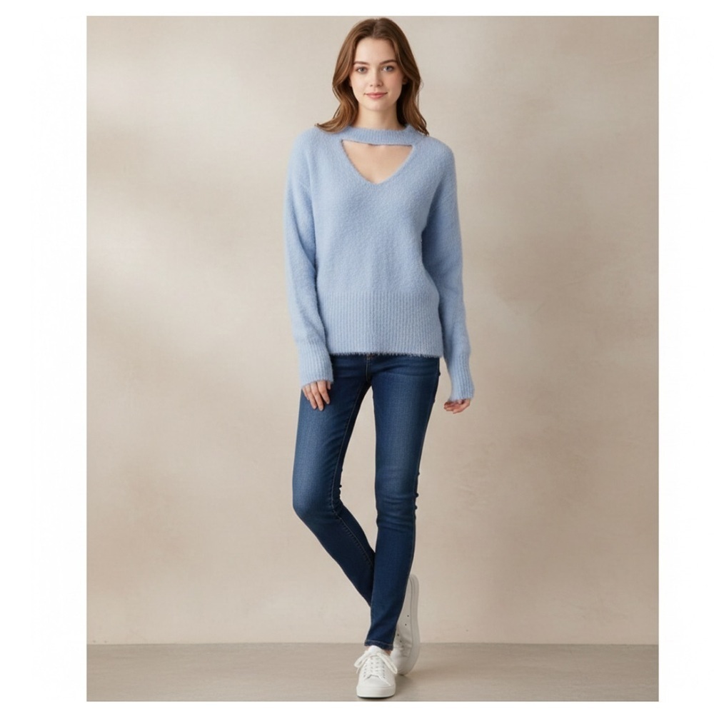 Free people fuzzy choker cutout neck sweater v neck periwinkle blue